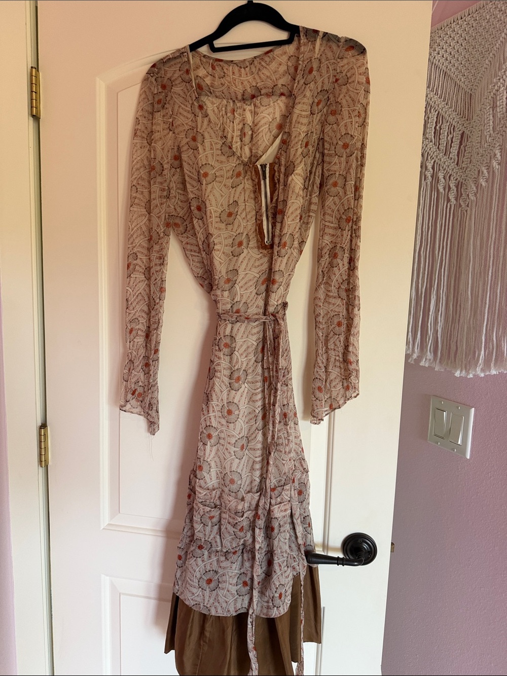 Bohemian Long-Sleeve Tie-Waist Printed Dress in Cream with Rust Floral Motif